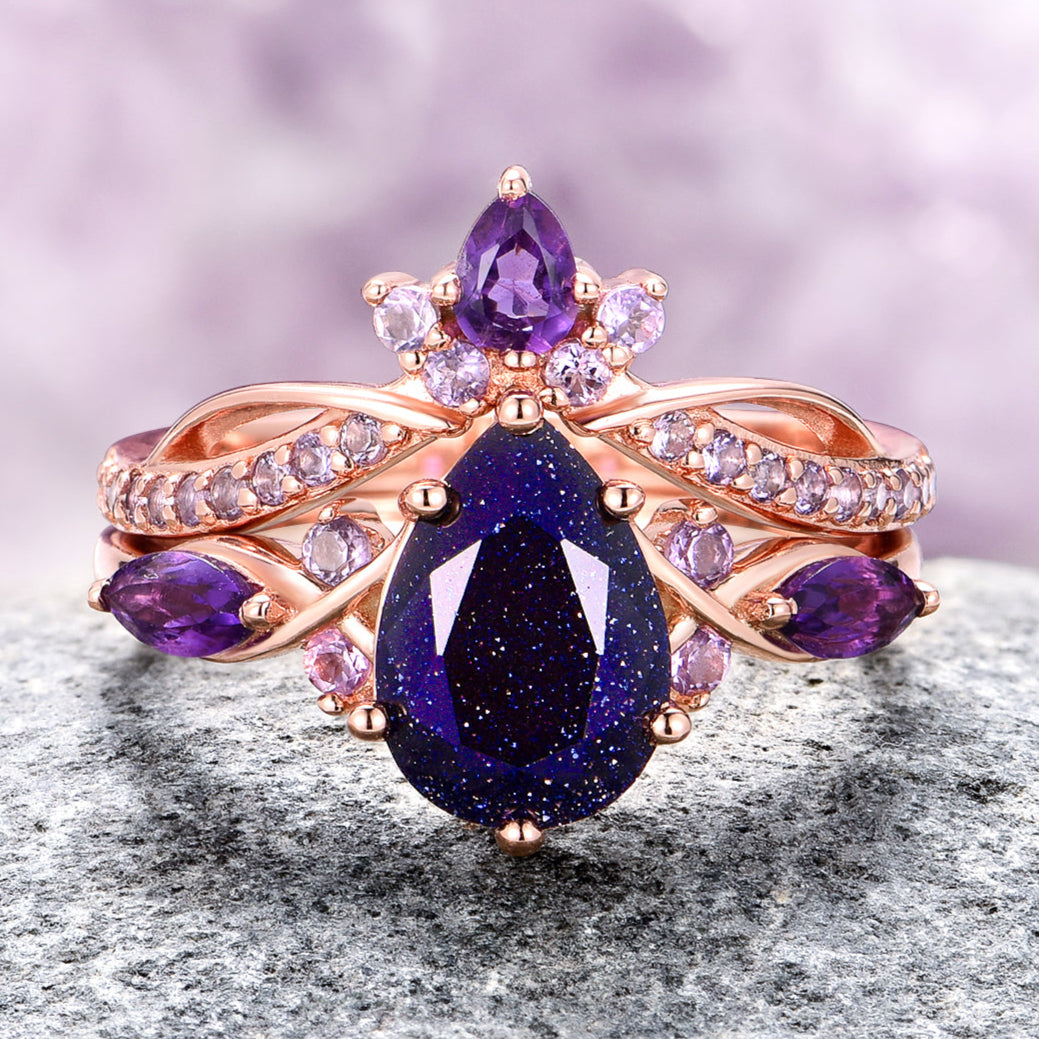 Feyra Starry Night Amethyst Ring Set 14K Solid Rose Gold