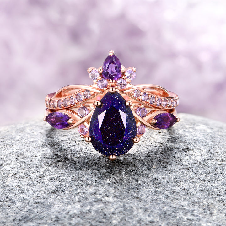 Feyre Starry Night & Amethyst Ring Set - 14K Solid Rose Gold