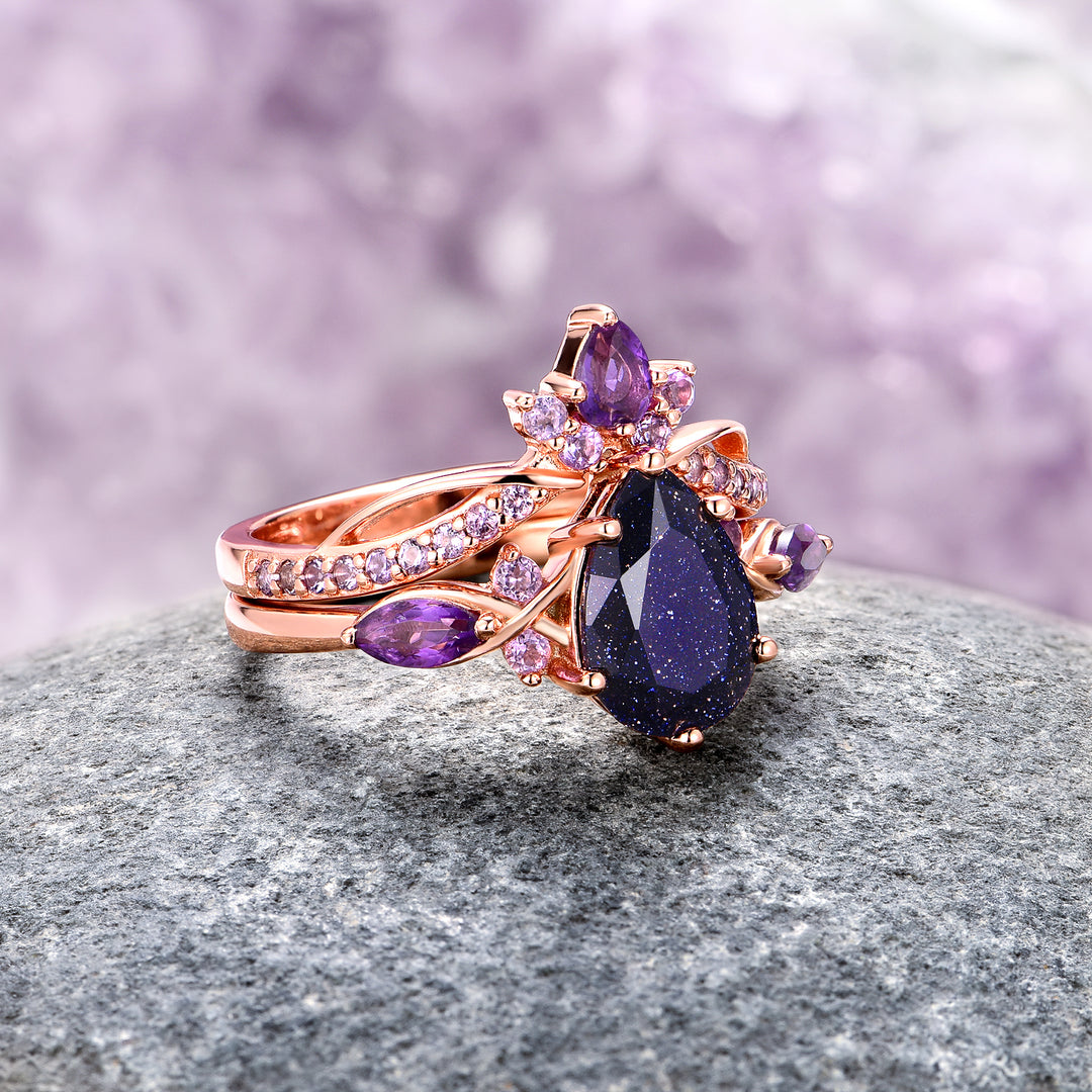 Feyre Starry Night & Amethyst Ring Set - 14K Solid Rose Gold