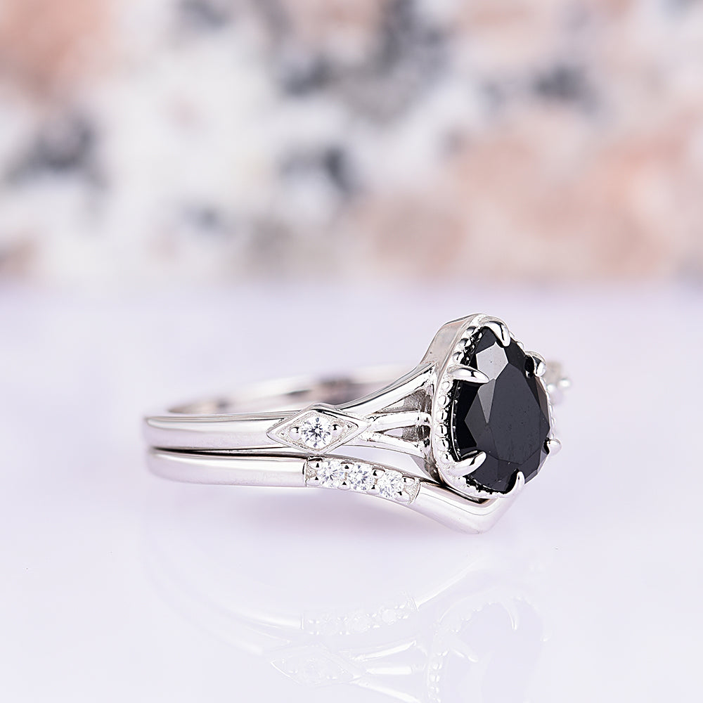 Celtic Black Onyx Ring Set- 14K White Gold