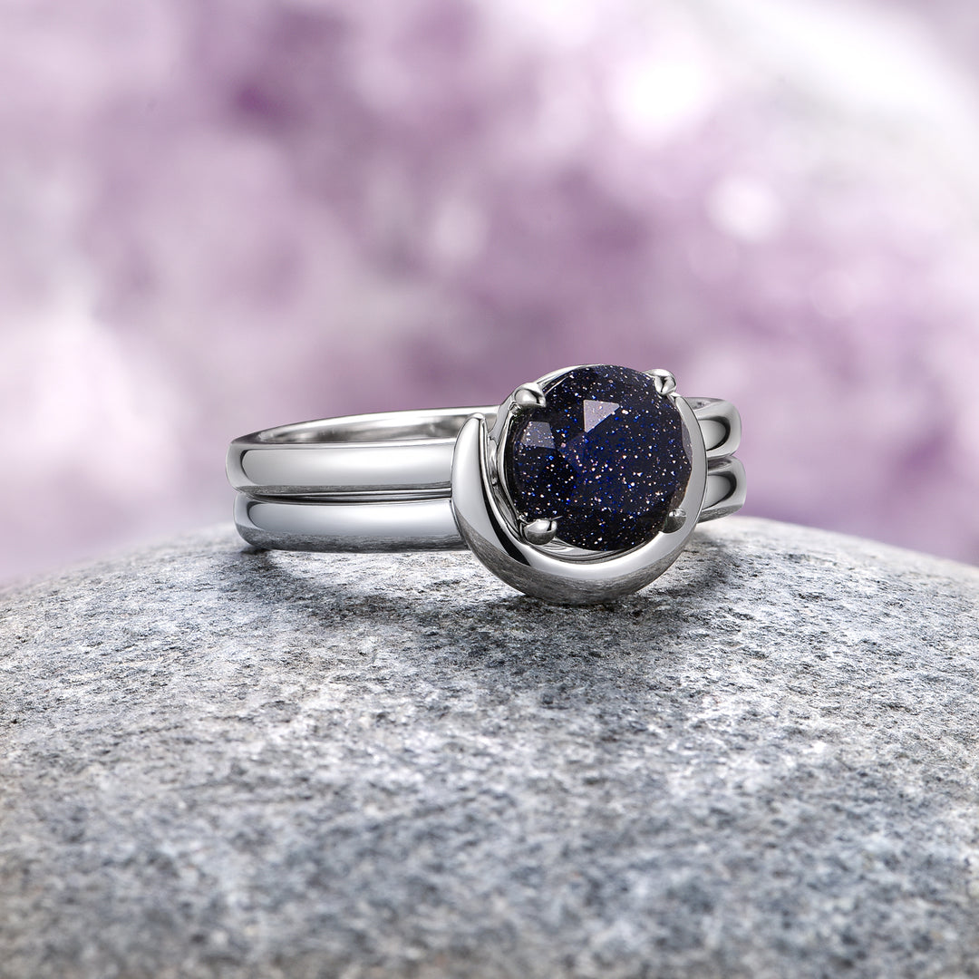 Starry Night Crescent Moon Engagement Ring Set- Sterling Silver