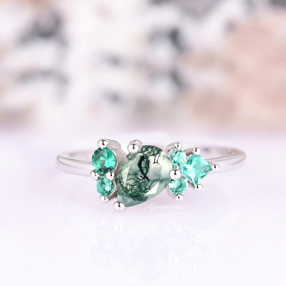 Green Moss Agate Emerald Ring- Sterling Silver Natural Agate Cluster Engagement Ring For Woman- Dainty Promise Ring Anniversary Gift For Her