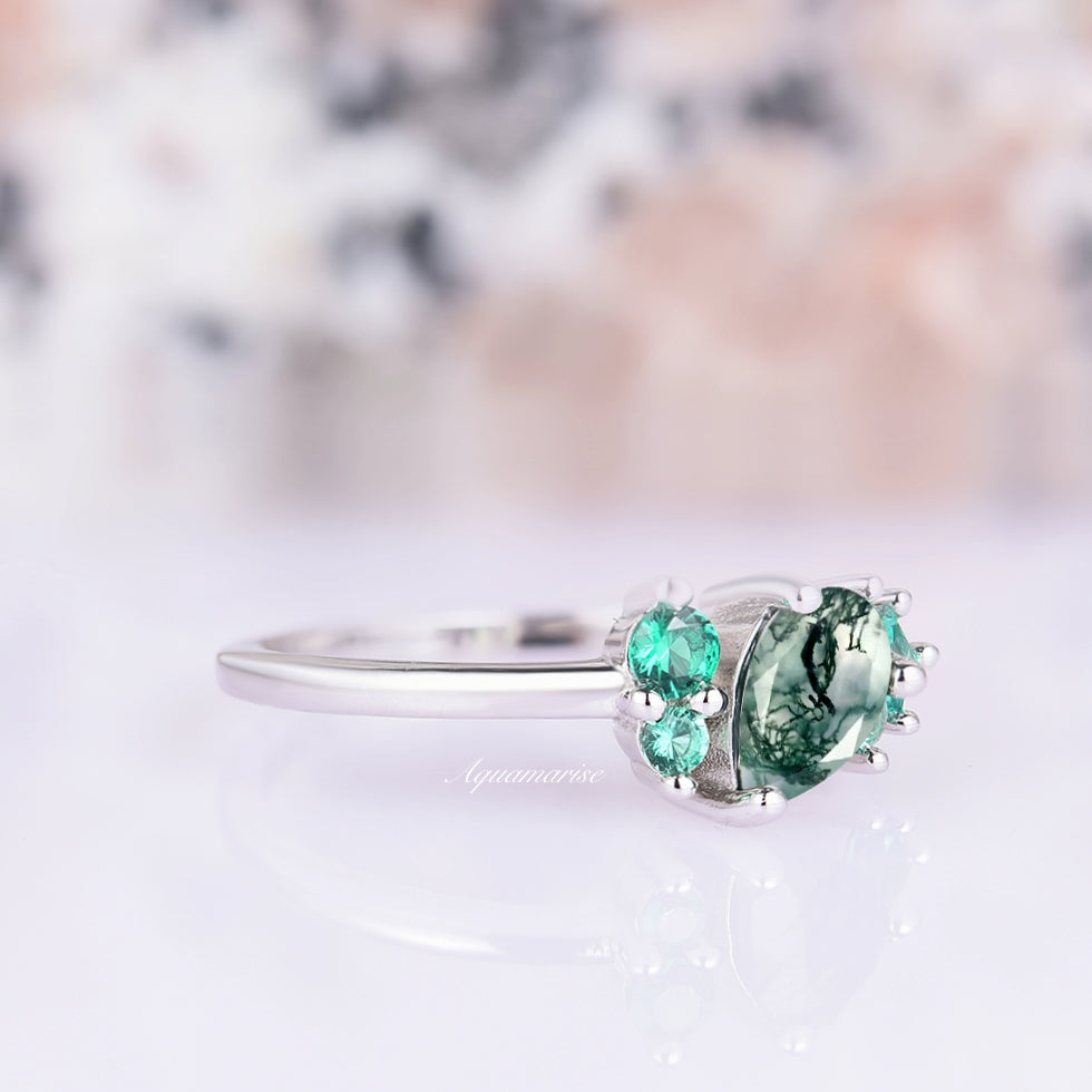 Green Moss Agate Emerald Ring- Sterling Silver Natural Agate Cluster Engagement Ring For Woman- Dainty Promise Ring Anniversary Gift For Her
