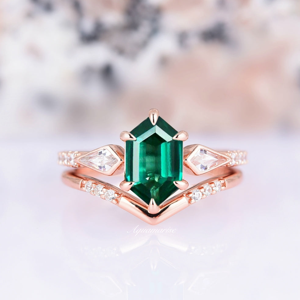 Hexagon Emerald Ring Set For Woman- 14K Rose Gold Vermeil Engagement Ring Geometric Promise Ring- May Birthstone- Anniversary Gift For Her