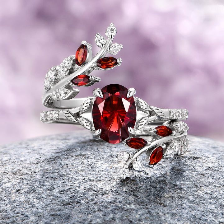 Star Cut Natural Red Garnet Leaf Engagement Ring Set- 14K White Gold