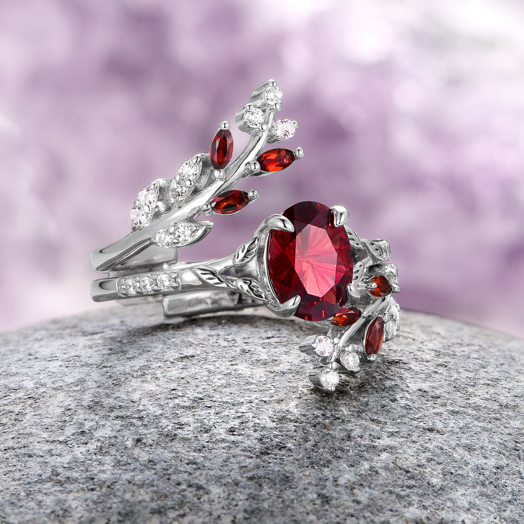 Star Cut Nature Red Garnet Leaf Engagement Ring Set- 14K White Gold