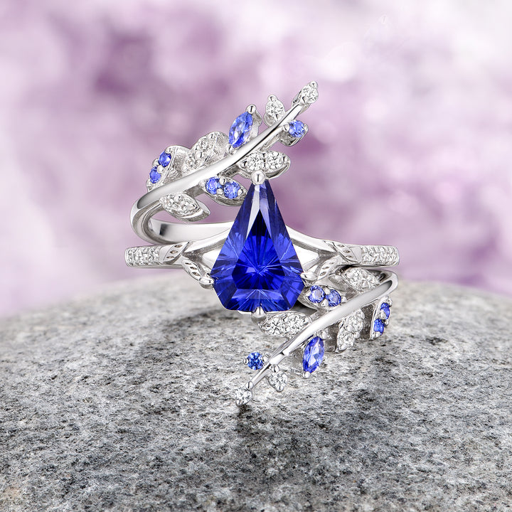 Fantasy Shield Cut Blue Sapphire Leaf Ring Set- 14K White Gold (Two Piece)