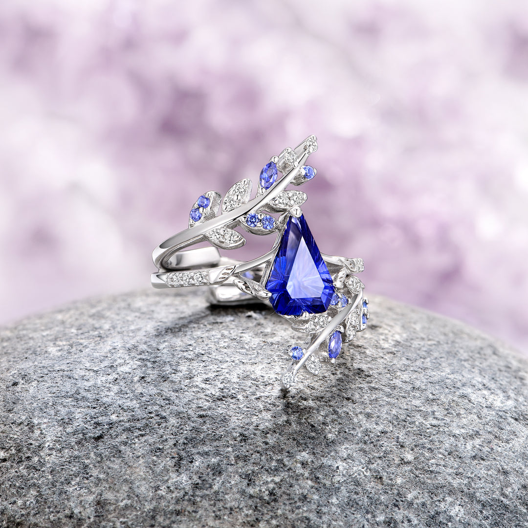 Fantasy Shield Cut Blue Sapphire Leaf Ring Set- 14K White Gold (Two Piece)