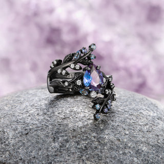 Wisteria Alexandrite Fairy Leaf Ring in Black Ruthenium (Two Piece)