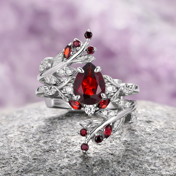 Wisteria Red Garnet Fairy Leaf Ring- 14K White Gold (Two Piece)