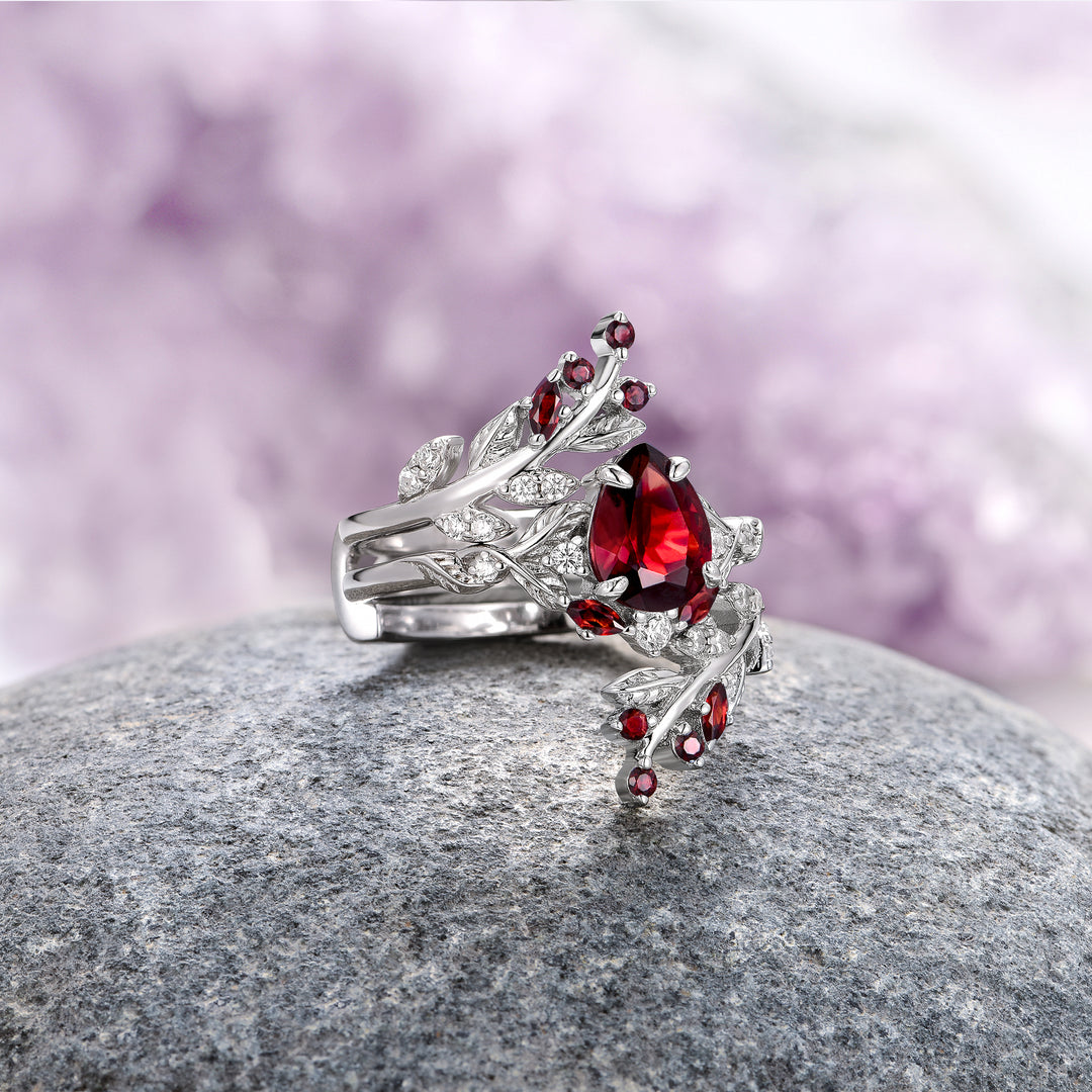 Wisteria Red Garnet Fairy Leaf Ring- 14K White Gold (Two Piece)