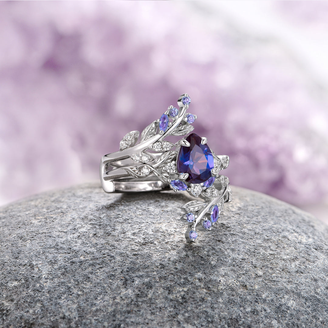 Wisteria Alexandrite Fairy Leaf Ring- 14K White Gold (Two Piece)