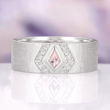 Elowen Morganite Couples Ring Set by Aquamarise featuring a textured silver band with a central kite-shaped pink morganite stone framed by sparkling simulated diamonds, perfect for matching couples’ rings and meaningful jewelry gifts.
