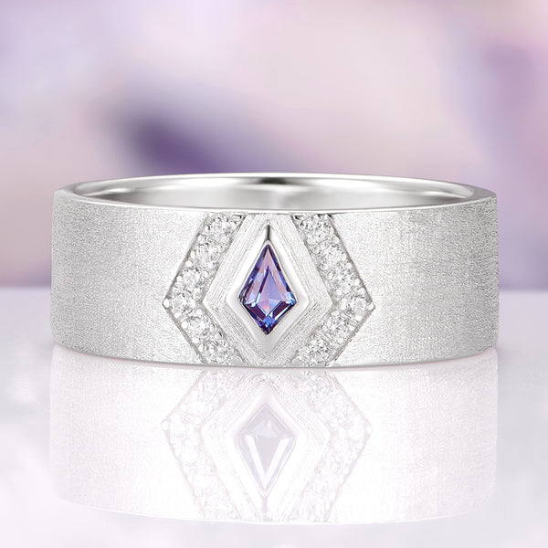Elowen Alexandrite Couples Ring Set featuring a sterling silver band with a central violet-hued lab-grown alexandrite surrounded by sparkling accent diamonds by Aquamarise.