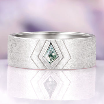 Elowen Moss Agate Couples Ring Set by Aquamarise featuring a wide sterling silver band with a diamond-shaped moss agate gemstone, perfect for matching couples’ rings and meaningful gifts.