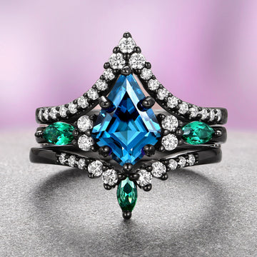 Skye Kite® London Blue Topaz & Emerald Ring Set- Black Ruthenium with kite-cut blue topaz, emerald accents, and black ruthenium over sterling silver by Aquamarise.