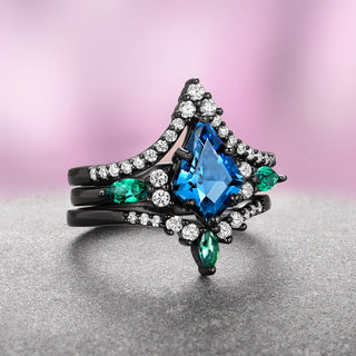 Skye Kite® London Blue Topaz & Emerald Ring Set- Black Ruthenium