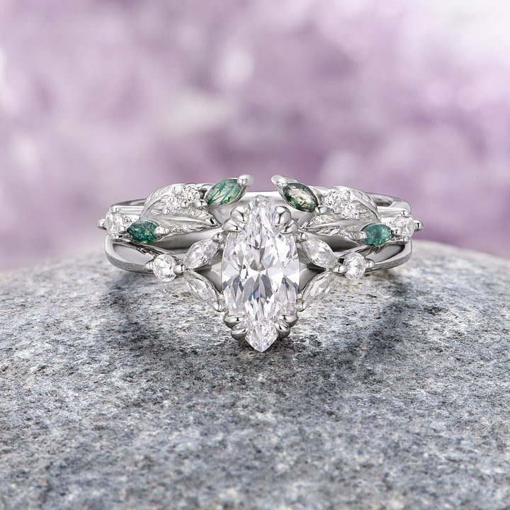 Marquise Diamond & Moss Agate Ring Set- 14K White Gold