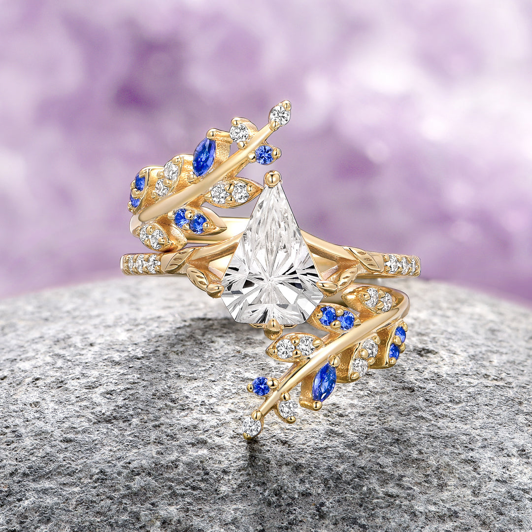 Blue Sapphire & Fantasy Shield Cut Diamond (CZ) Couples Ring