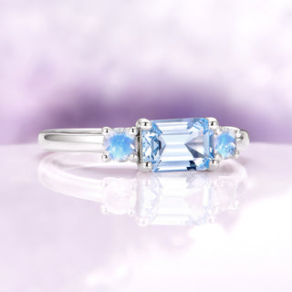 Emerald Cut Aquamarine and Moonstone Engagement Ring in 14K White Gold