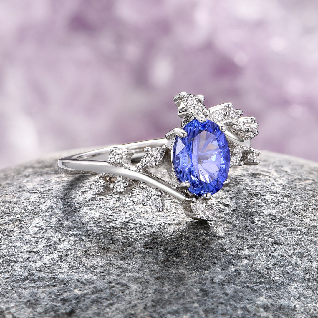 Fantasy Cut Sapphire Leaf Ring- 14K White Gold