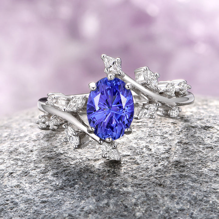 Fantasy Cut Sapphire Leaf Ring- 14K White Gold