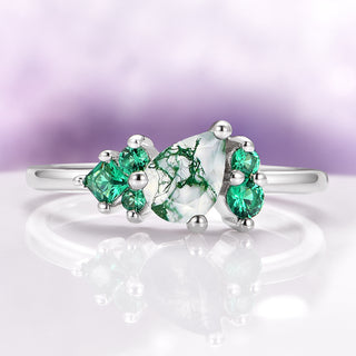 Moss Agate and Lab Emerald Cluster Engagement Ring in 14K White Gold