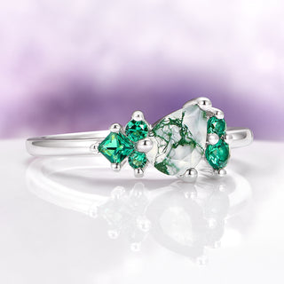 Moss Agate and Lab Emerald Cluster Engagement Ring in 14K White Gold