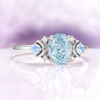 Aquamarine & Crescent Moonstone Ring in Sterling Silver