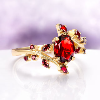Natural Red Garnet Leaf Ring in 14K Yellow Gold Vermeil