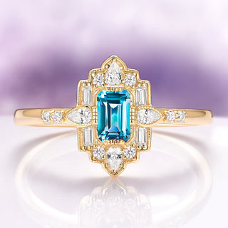 Art Deco London Blue Topaz Ring in 14K Yellow Gold Vermeil