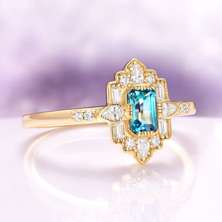 Art Deco London Blue Topaz Ring in 14K Yellow Gold Vermeil