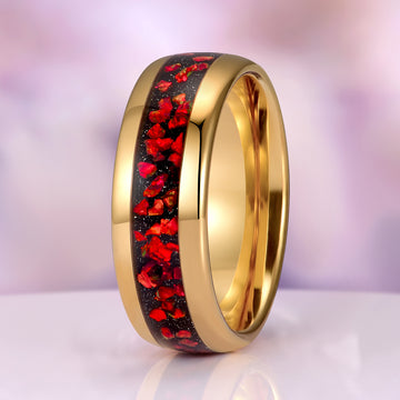Natural Garnet & Red Fire Opal Leaf Couples Ring Set by Aquamarise featuring a polished gold band with vibrant red stone inlay, part of Matching Couples' Rings and Gemstone Rings collections.