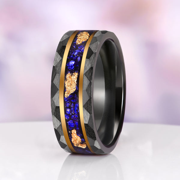 Blue Sapphire Gold Leaf Hammered Wedding Band in Black Tungsten