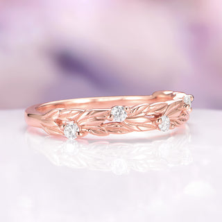 Diamond Leaf Wedding Band in Solid 14K Rose Gold
