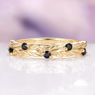 Black Moissanite Leaf Band in 14K Yellow Gold