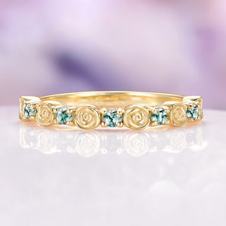 Green Moss Agate Flower Wedding Band in Solid 14K Yellow Gold
