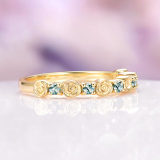 Green Moss Agate Flower Wedding Band in Solid 14K Yellow Gold