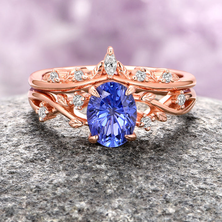 Fantasy Cut Sapphire Leaf Ring Set- 14K Solid Rose Gold