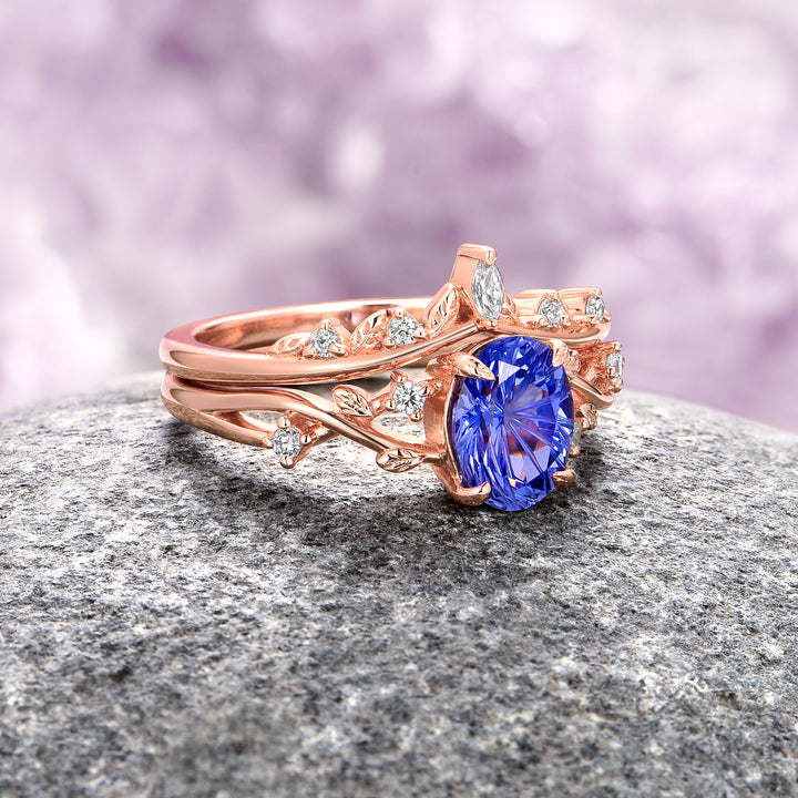 Fantasy Cut Sapphire Leaf Ring Set- 14K Solid Rose Gold