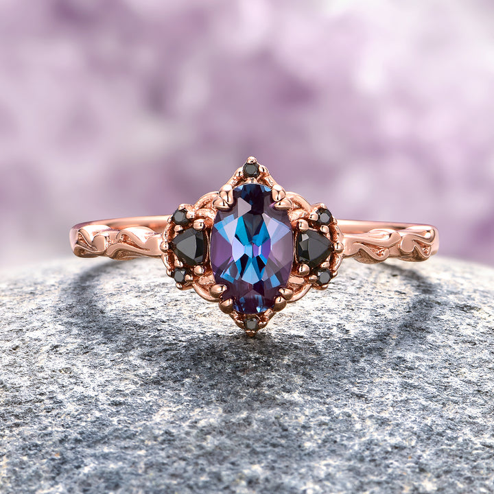 Esme Alexandrite & Black Onyx Engagement Ring- 14K Rose Gold Vermeil