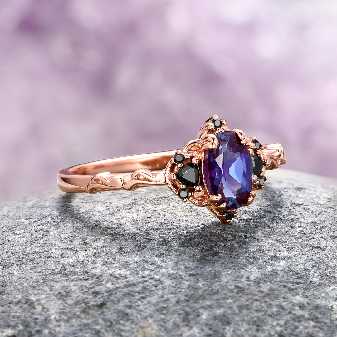 Esme Alexandrite & Black Onyx Engagement Ring- 14K Rose Gold Vermeil