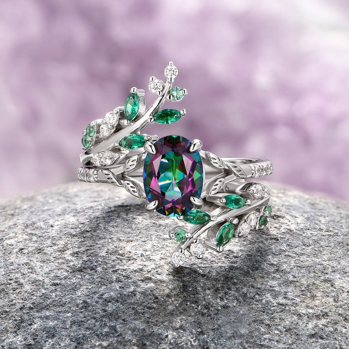 Mystic Topaz & Emerald Leaf Engagement Ring Set- 14K White Gold