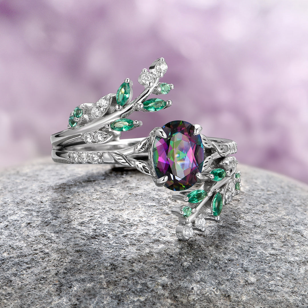 Mystic Topaz & Emerald Leaf Engagement Ring Set- 14K White Gold