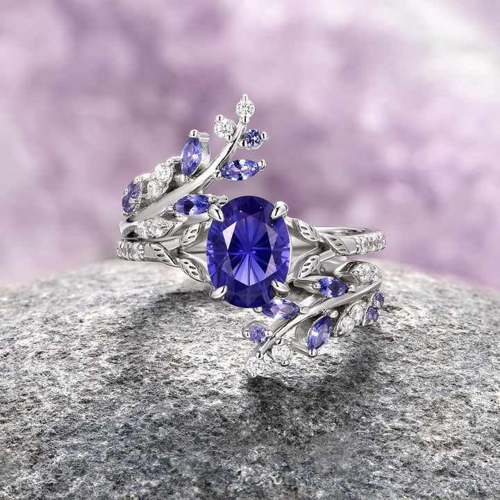 Fantasy Star Cut Cornflower Sapphire Leaf Ring Set- Sterling Silver