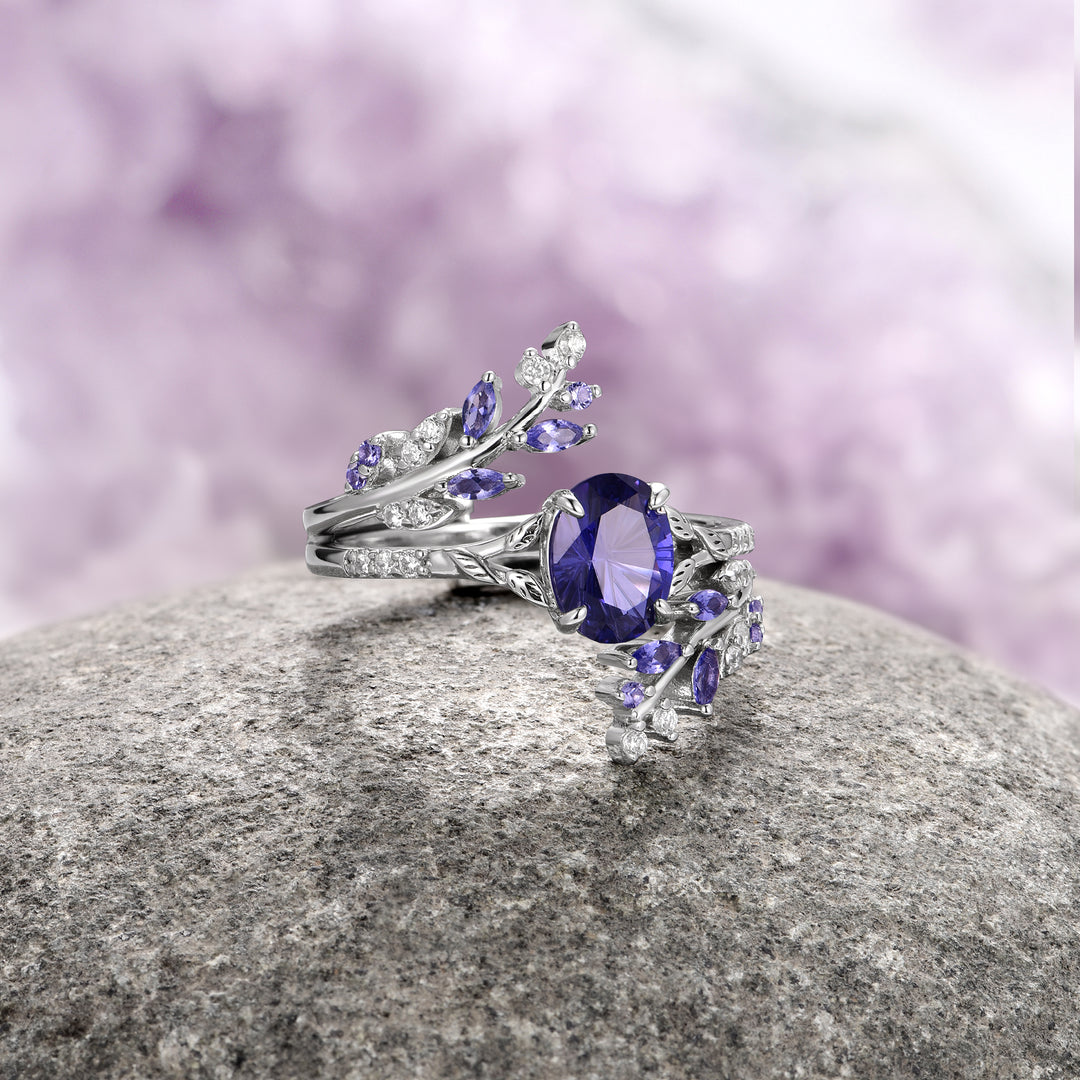 Fantasy Star Cut Cornflower Sapphire Leaf Ring Set- Sterling Silver