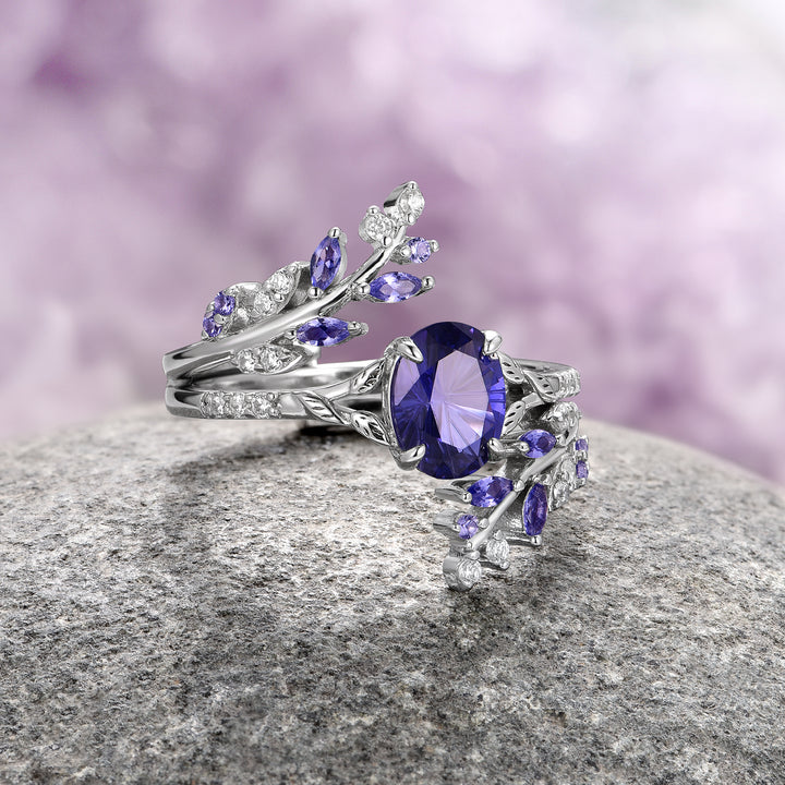 Fantasy Star Cut Cornflower Sapphire Leaf Ring Set- Sterling Silver