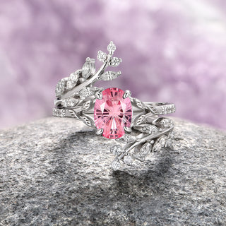 Fireworks Cut Lab-Grown Pink Sapphire Leaf Engagement Ring Set in Sterling Silver