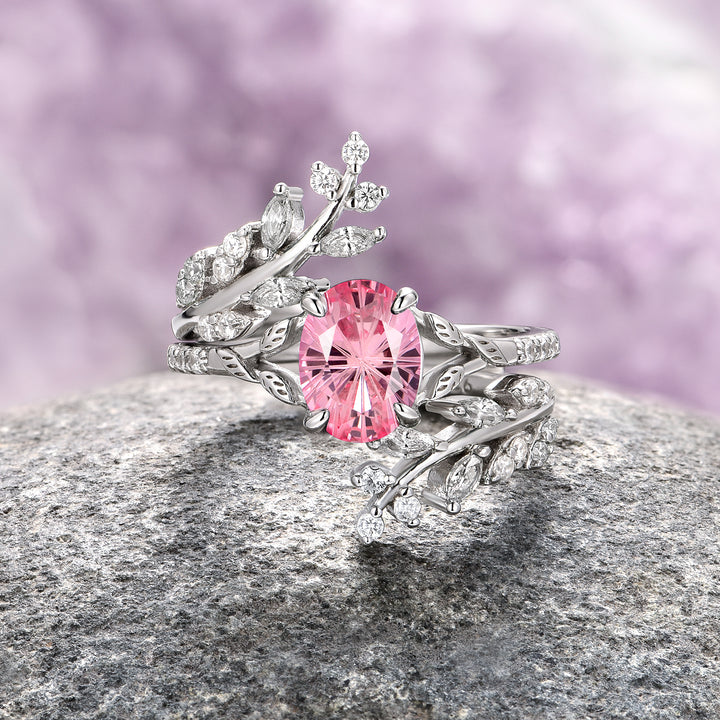 Pink Sapphire Leaf Fantasy Star Cut Ring Set- 14K White Gold (Two Piece)