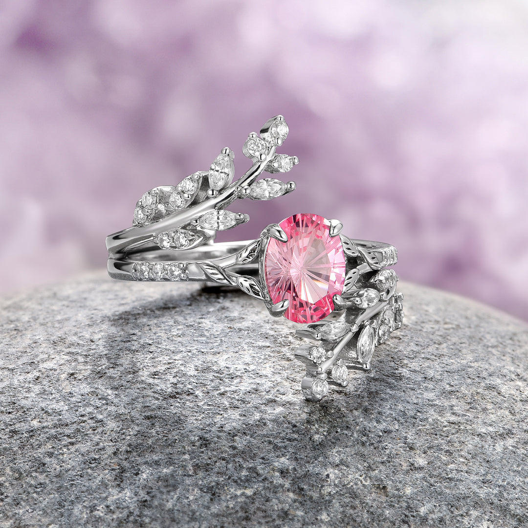 Pink Sapphire Leaf Fantasy Star Cut Ring Set- 14K White Gold (Two Piece)